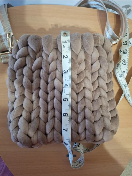 Chunky Handwoven Tan Crossbody Bag with Gold-Trim Strap - Picture 8 of 9